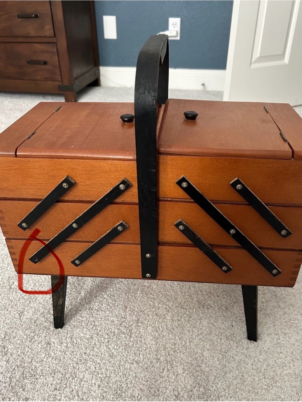 Vintage Wooden Sewing Box with Black Accents and feet. - Picture 11 of 15